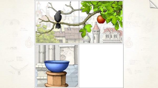 A screenshot of Gorogoa featuring a black raven, a red apple, and a blue bowl.