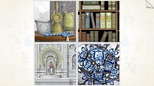 A screenshot of the game Gorogoa, with four panels depicting trinkets, a bookshelf, a boy looking into a bowl, and broken ceramic art.
