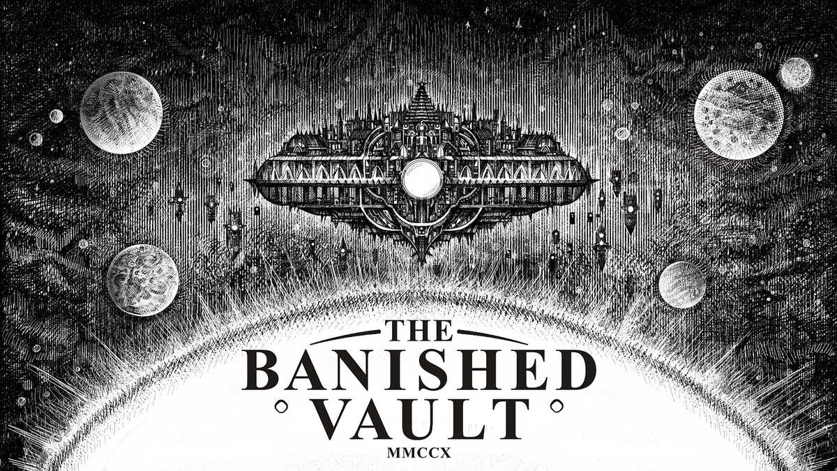 Key art for The Banished Vault. A black and white pencil drawing of what looks like an ornate building floating in space