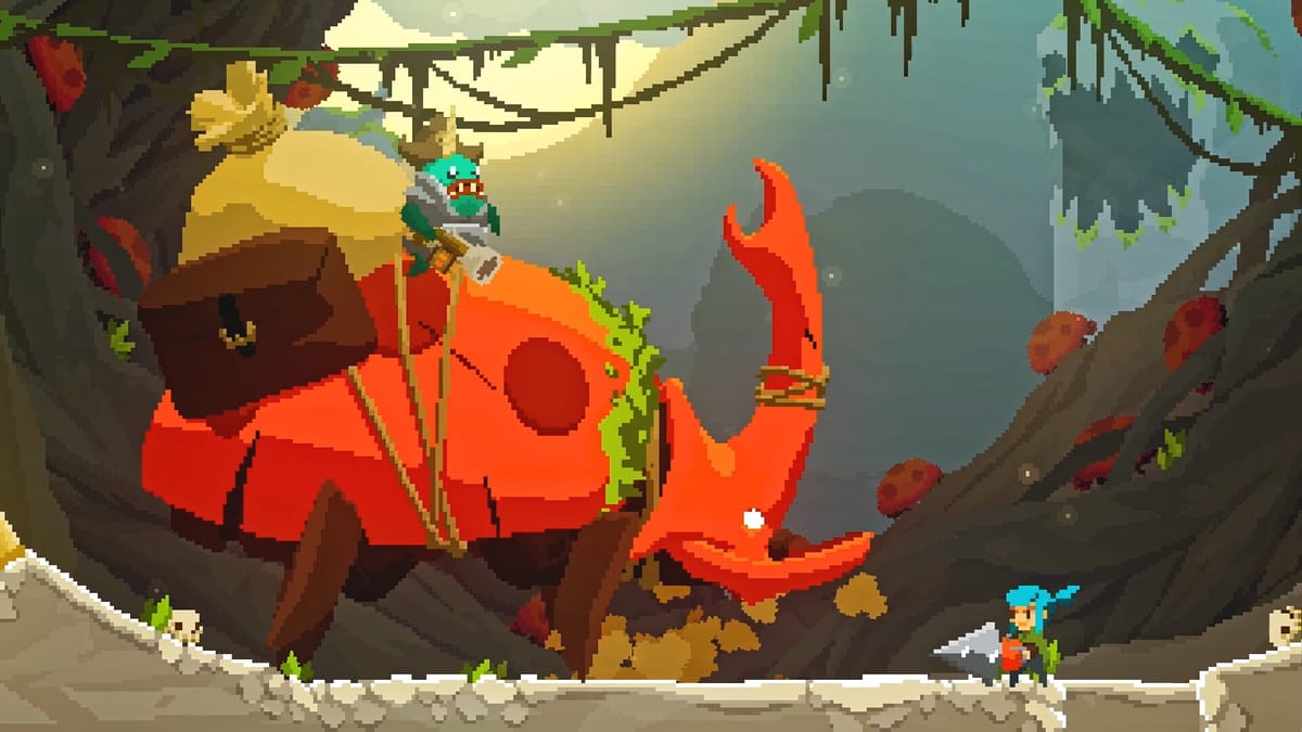 A screenshot from the game Pepper Grinder. A large red beetle stands menacingly in front of the main character, a small woma