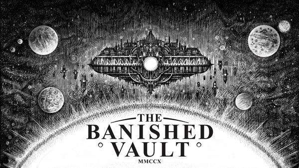 Key art for The Banished Vault. A black and white pencil drawing of what looks like an ornate building floating in space