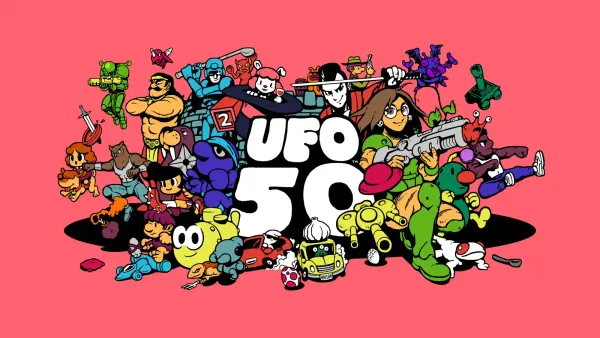 Key art for UFO 50, featuring colorful cartoon characters surrounding the game's title.