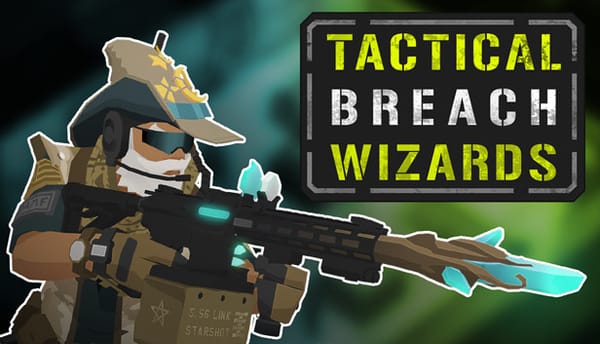 Logo for Tactical Breach Wizards, showing a wizard with a gun that has a magical staff inside of it instead of bullets.