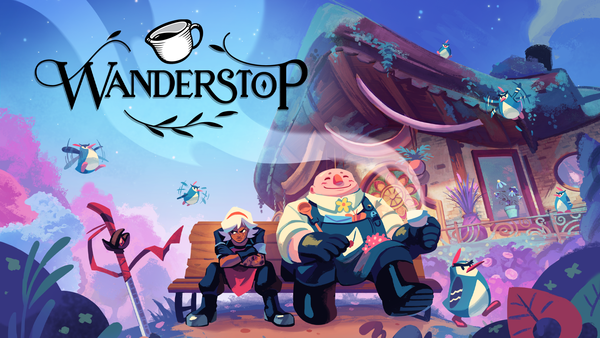 Key art for the game Wanderstop. It features a frowning woman sitting next to a smiling man on a bench.