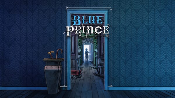 Key art for the game Blue Prince. A boy walks through a distant door in a dark blue manor.
