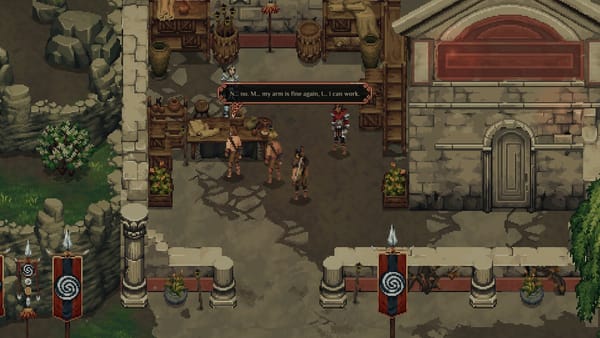 Screenshot from Drova: Forsaken Kin where a group of fighters are in a store, one of them saying "N... no. M... my arm is fine again. I... I can work."