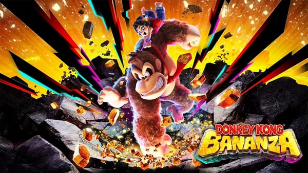 Key art for Donkey Kong Bananza. Donkey Kong, with Pauline on his back, smashes downward into a large rock as gold explodes around his fist.