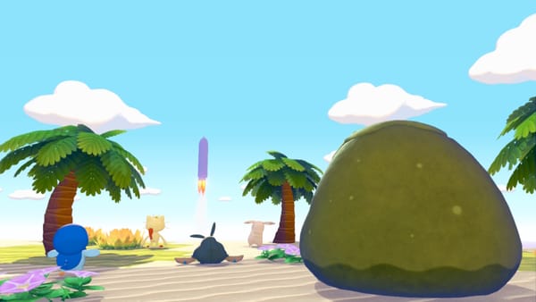 Screenshot of Pokémon Pokopia where a group of Pokémon on a beach watch a rocket take flight.